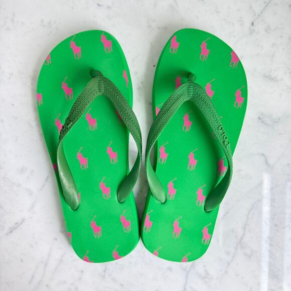 Ralph Lauren Flip Flops Green Pink Polo Pony Logo Women’s 5-6 - Picture 1 of 4